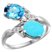 Picture of 10K White Gold Diamond Natural Swiss Blue Topaz & Turquoise 2-stone Ring Oval 8x6mm, sizes 5 - 10