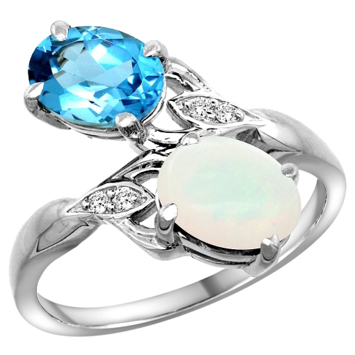 Picture of 10K White Gold Diamond Natural Swiss Blue Topaz & Opal 2-stone Ring Oval 8x6mm, sizes 5 - 10