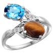 Picture of 10K White Gold Diamond Natural Swiss Blue Topaz & Tiger Eye 2-stone Ring Oval 8x6mm, sizes 5 - 10