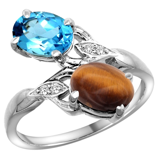 Picture of 10K White Gold Diamond Natural Swiss Blue Topaz & Tiger Eye 2-stone Ring Oval 8x6mm, sizes 5 - 10