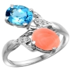 Picture of 10K White Gold Diamond Natural Swiss Blue Topaz & Coral 2-stone Ring Oval 8x6mm, sizes 5 - 10