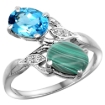 Picture of 10K White Gold Diamond Natural Swiss Blue Topaz & Malachite 2-stone Ring Oval 8x6mm, sizes 5 - 10