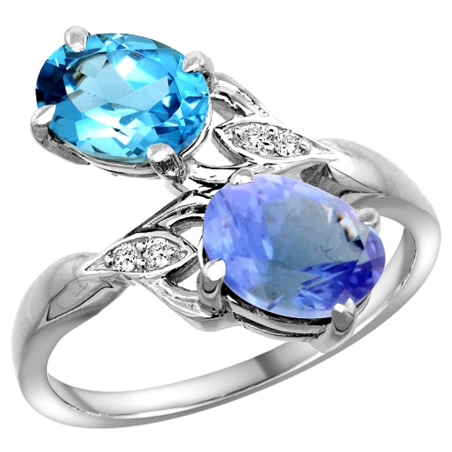 Picture of 10K White Gold Diamond Natural Swiss Blue Topaz & Tanzanite 2-stone Ring Oval 8x6mm, sizes 5 - 10
