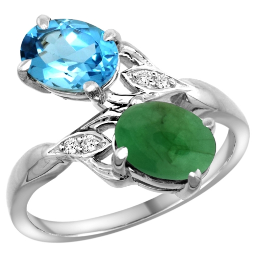 Picture of 10K White Gold Diamond Natural Swiss Blue Topaz & Cabochon Emerald 2-stone Ring Oval 8x6mm, sizes 5 - 10