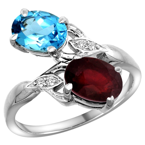 Picture of 10K White Gold Diamond Natural Swiss Blue Topaz Ruby 2-stone Mothers Ring Oval 8x6mm size 5 - 10