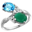 Picture of 10K White Gold Diamond Natural Swiss Blue Topaz Emerald 2-stone Mothers Ring Oval 8x6mm size 5-10