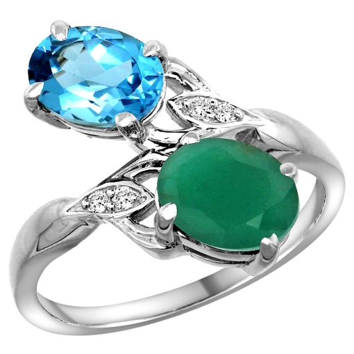 Picture of 10K White Gold Diamond Natural Swiss Blue Topaz Emerald 2-stone Mothers Ring Oval 8x6mm size 5-10