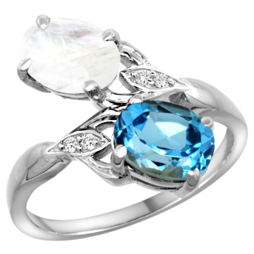Picture of 10K White Gold Diamond Natural Swiss Blue Topaz & Rainbow Moonstone 2-stone Ring Oval 8x6mm, sizes 5 - 10