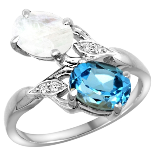 Picture of 10K White Gold Diamond Natural Swiss Blue Topaz & Rainbow Moonstone 2-stone Ring Oval 8x6mm, sizes 5 - 10