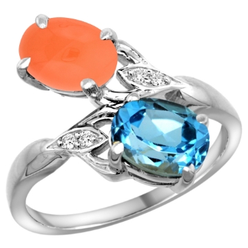 Picture of 10K White Gold Diamond Natural Swiss Blue Topaz & Orange Moonstone 2-stone Ring Oval 8x6mm, sizes 5 - 10