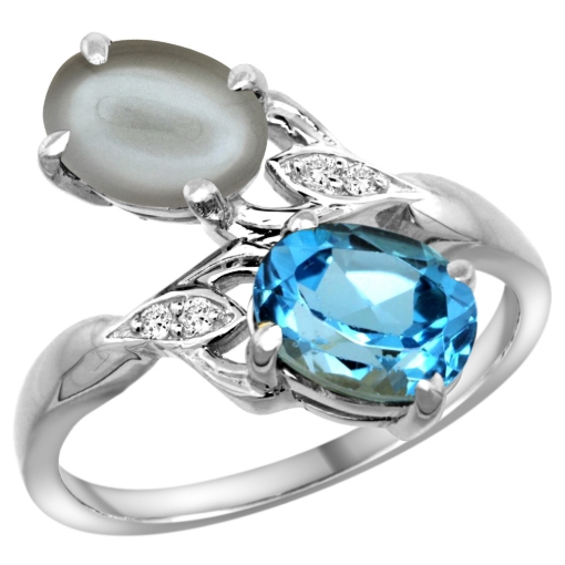 Picture of 10K White Gold Diamond Natural Swiss Blue Topaz & Gray Moonstone 2-stone Ring Oval 8x6mm, sizes 5 - 10