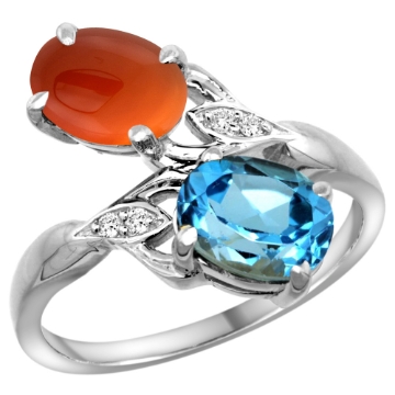 Picture of 10K White Gold Diamond Natural Swiss Blue Topaz & Brown Agate 2-stone Ring Oval 8x6mm, sizes 5 - 10