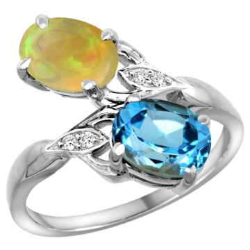 Picture of 10K White Gold Diamond Natural Swiss Blue Topaz & Ethiopian Opal 2-stone Mothers Ring Oval 8x6mm,sz5 - 10