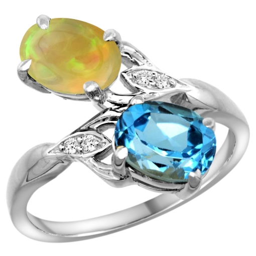Picture of 10K White Gold Diamond Natural Swiss Blue Topaz & Ethiopian Opal 2-stone Mothers Ring Oval 8x6mm,sz5 - 10