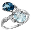 Picture of 10K White Gold Diamond Natural London Blue Topaz & Aquamarine 2-stone Ring Oval 8x6mm, sizes 5 - 10