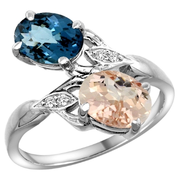 Picture of 10K White Gold Diamond Natural London Blue Topaz & Morganite 2-stone Ring Oval 8x6mm, sizes 5 - 10