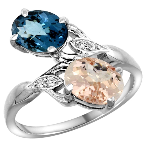 Picture of 10K White Gold Diamond Natural London Blue Topaz & Morganite 2-stone Ring Oval 8x6mm, sizes 5 - 10