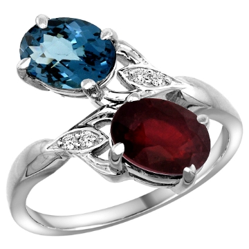 Picture of 10K White Gold Diamond Natural London Blue Topaz & Enhanced Genuine Ruby 2-stone Ring Oval 8x6mm, sizes 5 - 10