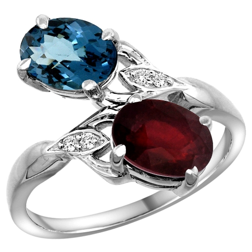 Picture of 10K White Gold Diamond Natural London Blue Topaz & Enhanced Genuine Ruby 2-stone Ring Oval 8x6mm, sizes 5 - 10
