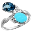 Picture of 10K White Gold Diamond Natural London Blue Topaz & Turquoise 2-stone Ring Oval 8x6mm, sizes 5 - 10