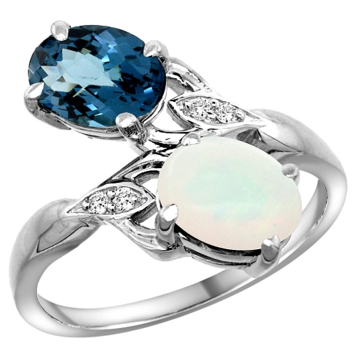 Picture of 10K White Gold Diamond Natural London Blue Topaz & Opal 2-stone Ring Oval 8x6mm, sizes 5 - 10