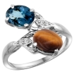 Picture of 10K White Gold Diamond Natural London Blue Topaz & Tiger Eye 2-stone Ring Oval 8x6mm, sizes 5 - 10