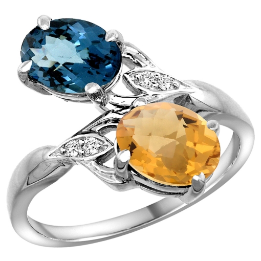 Picture of 10K White Gold Diamond Natural London Blue Topaz & Whisky Quartz 2-stone Ring Oval 8x6mm, sizes 5 - 10