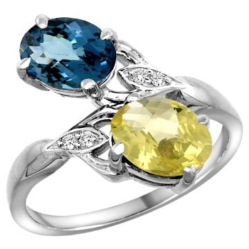 Picture of 10K White Gold Diamond Natural London Blue Topaz & Lemon Quartz 2-stone Ring Oval 8x6mm, sizes 5 - 10