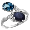 Picture of 10K White Gold Diamond Natural London Blue Topaz & Australian Sapphire 2-stone Ring Oval 8x6mm, sizes 5 - 10