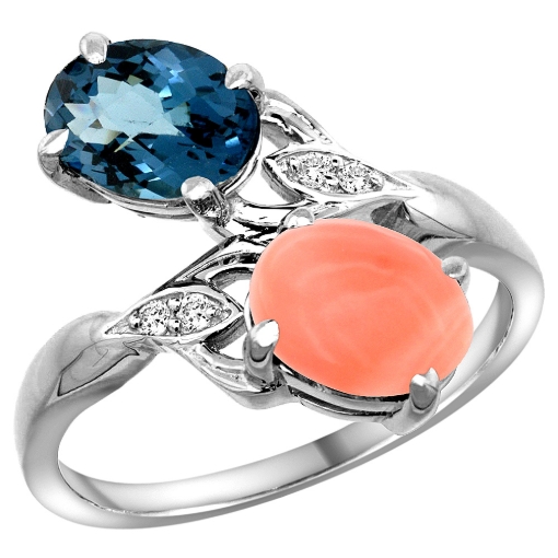 Picture of 10K White Gold Diamond Natural London Blue Topaz & Coral 2-stone Ring Oval 8x6mm, sizes 5 - 10