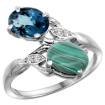 Picture of 10K White Gold Diamond Natural London Blue Topaz & Malachite 2-stone Ring Oval 8x6mm, sizes 5 - 10