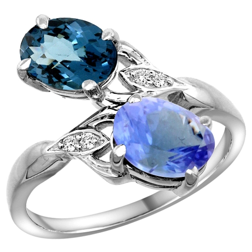 Picture of 10K White Gold Diamond Natural London Blue Topaz & Tanzanite 2-stone Ring Oval 8x6mm, sizes 5 - 10