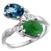Picture of 10K White Gold Diamond Natural London Blue Topaz & Cabochon Emerald 2-stone Ring Oval 8x6mm, sizes 5 - 10