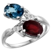 Picture of 10K White Gold Diamond Natural London Blue Topaz Ruby 2-stone Mothers Ring Oval 8x6mm size 5-10