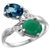 Picture of 10K White Gold Diamond Natural London Blue Topaz Emerald 2-stone Mothers Ring Oval 8x6mm size 5 - 10
