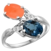 Picture of 10K White Gold Diamond Natural London Blue Topaz & Orange Moonstone 2-stone Ring Oval 8x6mm, sizes 5 - 10