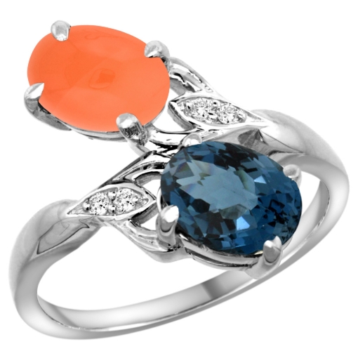 Picture of 10K White Gold Diamond Natural London Blue Topaz & Orange Moonstone 2-stone Ring Oval 8x6mm, sizes 5 - 10