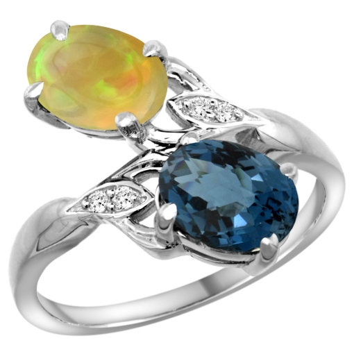 Picture of 10K White Gold Diamond Natural London Blue Topaz&Ethiopian Opal 2-stone Mothers Ring Oval 8x6mm,size 5-10