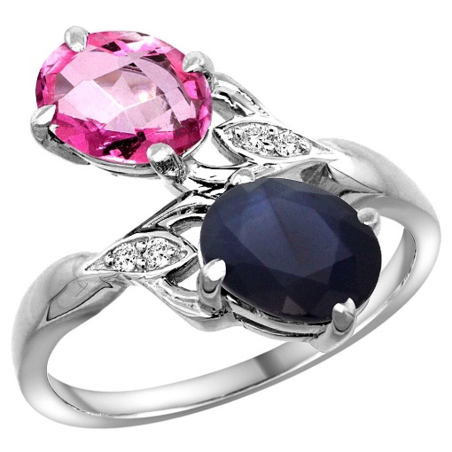 Picture of 10K White Gold Diamond Natural Pink Topaz & Blue Sapphire 2-stone Ring Oval 8x6mm, sizes 5 - 10