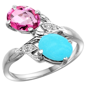 Picture of 10K White Gold Diamond Natural Pink Topaz & Turquoise 2-stone Ring Oval 8x6mm, sizes 5 - 10