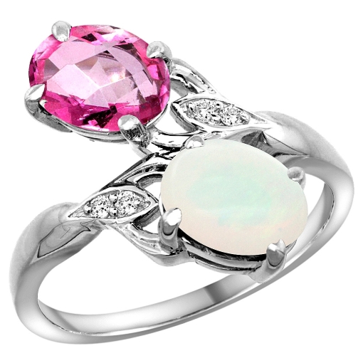 Picture of 10K White Gold Diamond Natural Pink Topaz & Opal 2-stone Ring Oval 8x6mm, sizes 5 - 10
