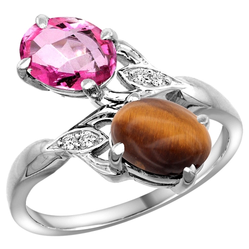 Picture of 10K White Gold Diamond Natural Pink Topaz & Tiger Eye 2-stone Ring Oval 8x6mm, sizes 5 - 10