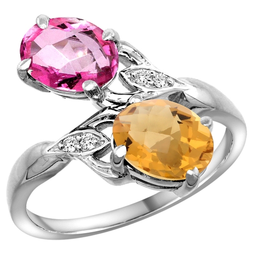 Picture of 10K White Gold Diamond Natural Pink Topaz & Whisky Quartz 2-stone Ring Oval 8x6mm, sizes 5 - 10