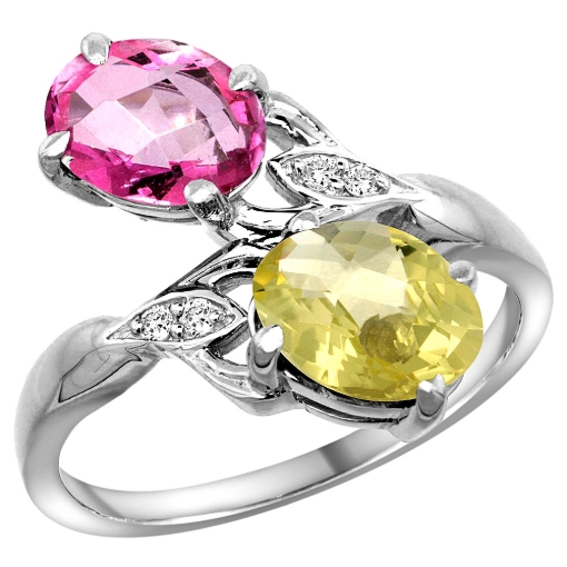 Picture of 10K White Gold Diamond Natural Pink Topaz & Lemon Quartz 2-stone Ring Oval 8x6mm, sizes 5 - 10