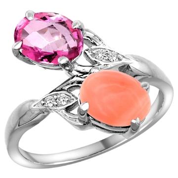 Picture of 10K White Gold Diamond Natural Pink Topaz & Coral 2-stone Ring Oval 8x6mm, sizes 5 - 10