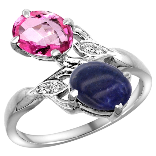 Picture of 10K White Gold Diamond Natural Pink Topaz & Lapis 2-stone Ring Oval 8x6mm, sizes 5 - 10