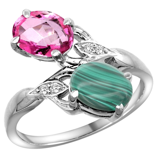Picture of 10K White Gold Diamond Natural Pink Topaz & Malachite 2-stone Ring Oval 8x6mm, sizes 5 - 10