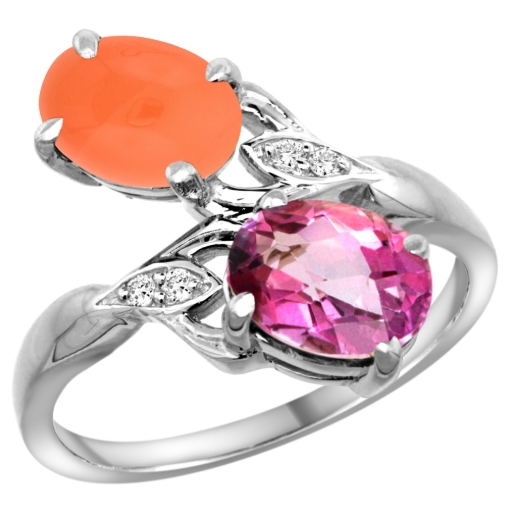 Picture of 10K White Gold Diamond Natural Pink Topaz & Orange Moonstone 2-stone Ring Oval 8x6mm, sizes 5 - 10