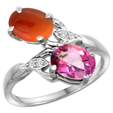 Picture of 10K White Gold Diamond Natural Pink Topaz & Brown Agate 2-stone Ring Oval 8x6mm, sizes 5 - 10