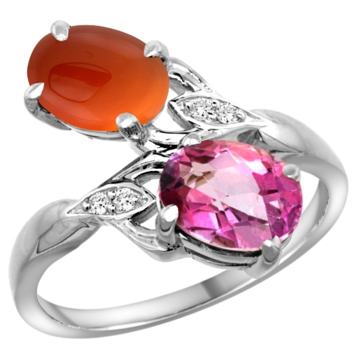 Picture of 10K White Gold Diamond Natural Pink Topaz & Brown Agate 2-stone Ring Oval 8x6mm, sizes 5 - 10